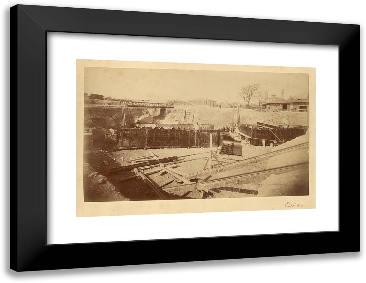 Pier No.2, Mounting the Caissons 24x19 Black Modern Wood Framed Art Print Poster by Durandelle, Louis