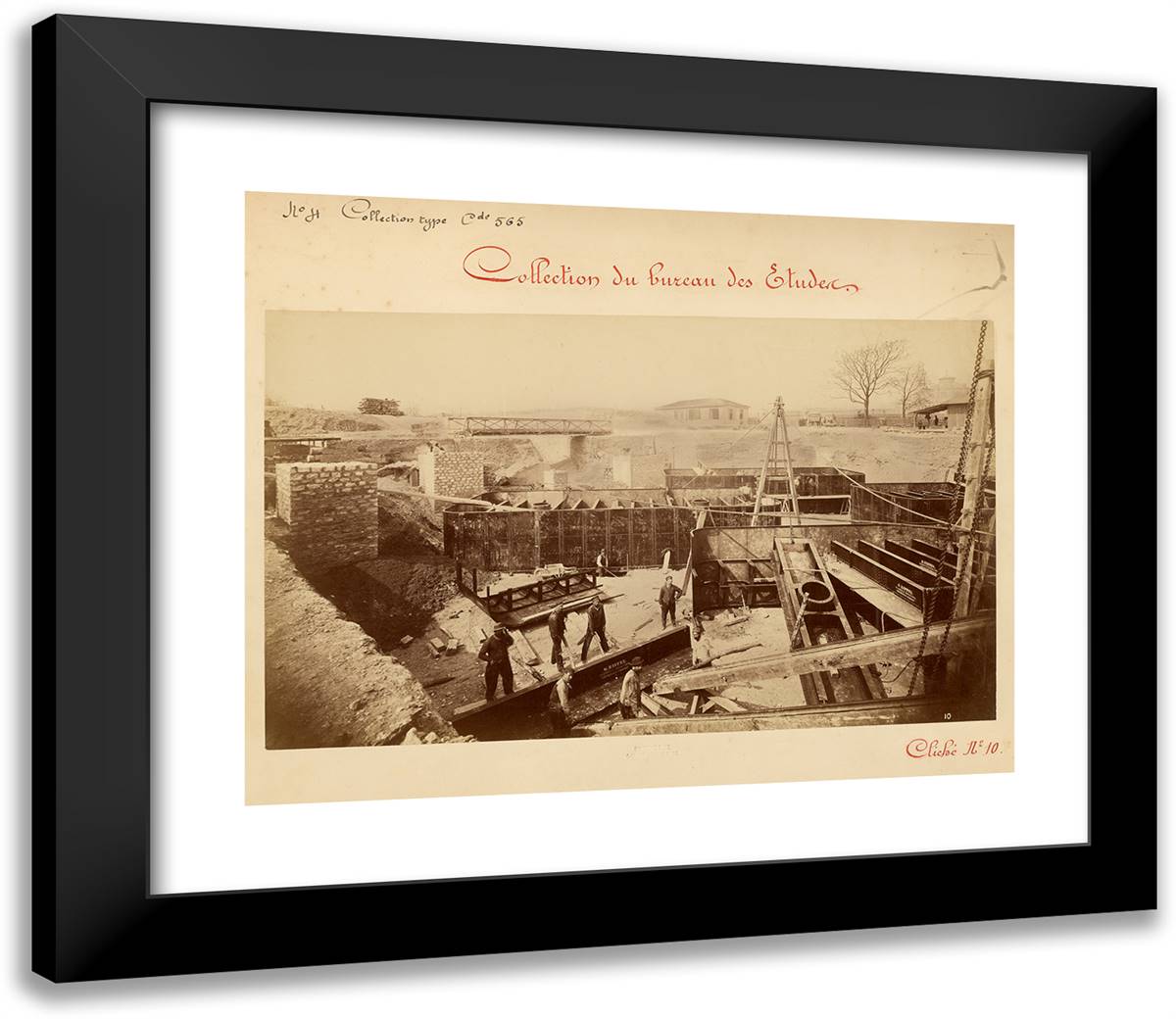Placement of the Caissons, Eiffel Tower, Paris 23x20 Black Modern Wood Framed Art Print Poster by Durandelle, Louis