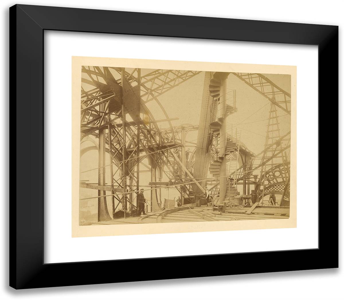 Staircase and Workers 23x20 Black Modern Wood Framed Art Print Poster by Durandelle, Louis