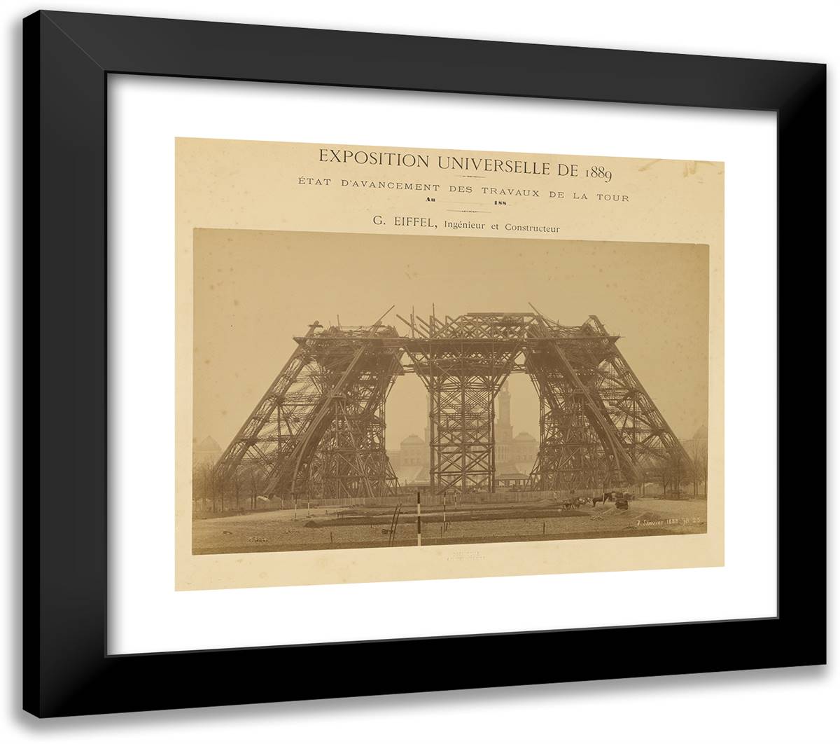 The Eiffel Tower Piers Nearing the First Level 23x20 Black Modern Wood Framed Art Print Poster by Durandelle, Louis