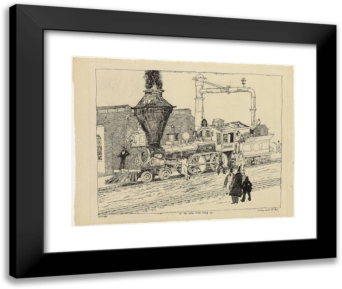 At the Water Pump Locomotive Filling Up 24x20 Black Modern Wood Framed Art Print Poster by Feininger, Lyonel