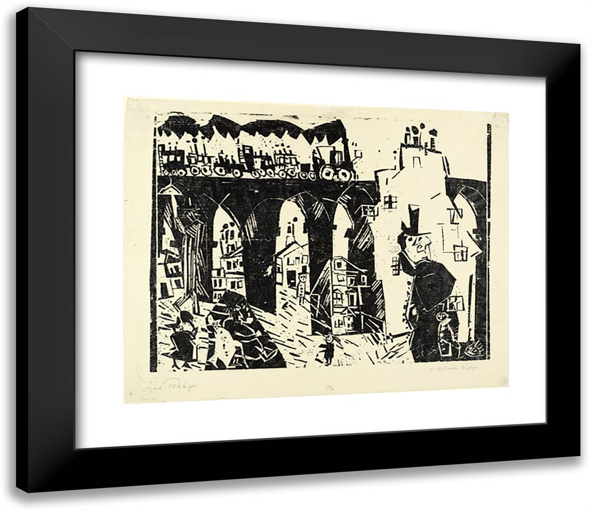 Railroad VIaduct (Die Eisenbahnbrucke) 23x20 Black Modern Wood Framed Art Print Poster by Feininger, Lyonel