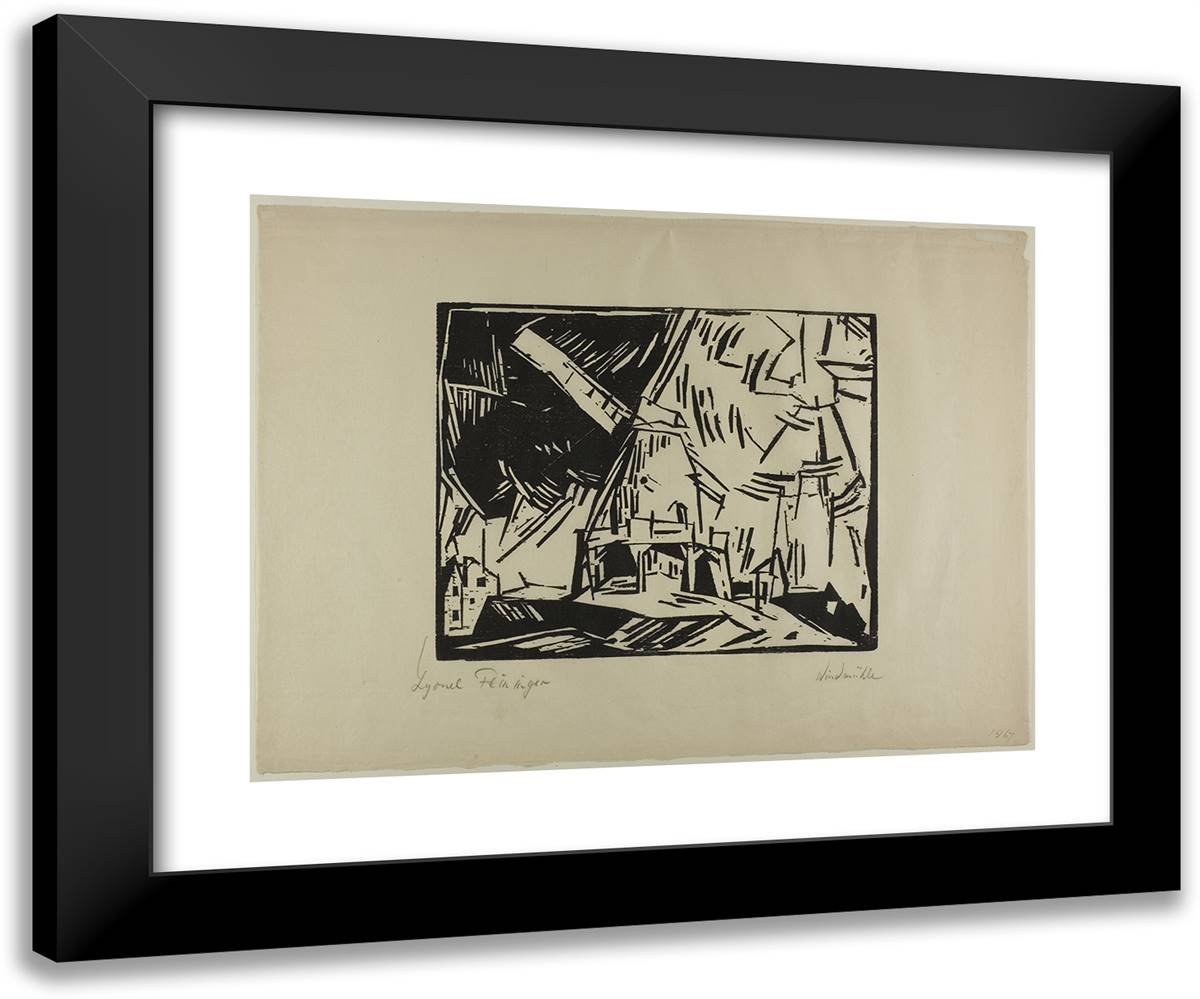 Windmill 24x20 Black Modern Wood Framed Art Print Poster by Feininger, Lyonel
