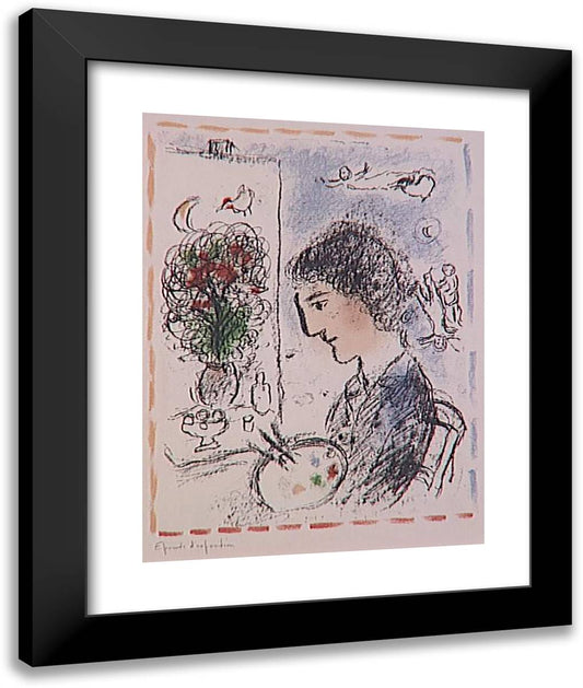 A Flowered Easel 20x24 Black Modern Wood Framed Art Print Poster by Chagall, Marc