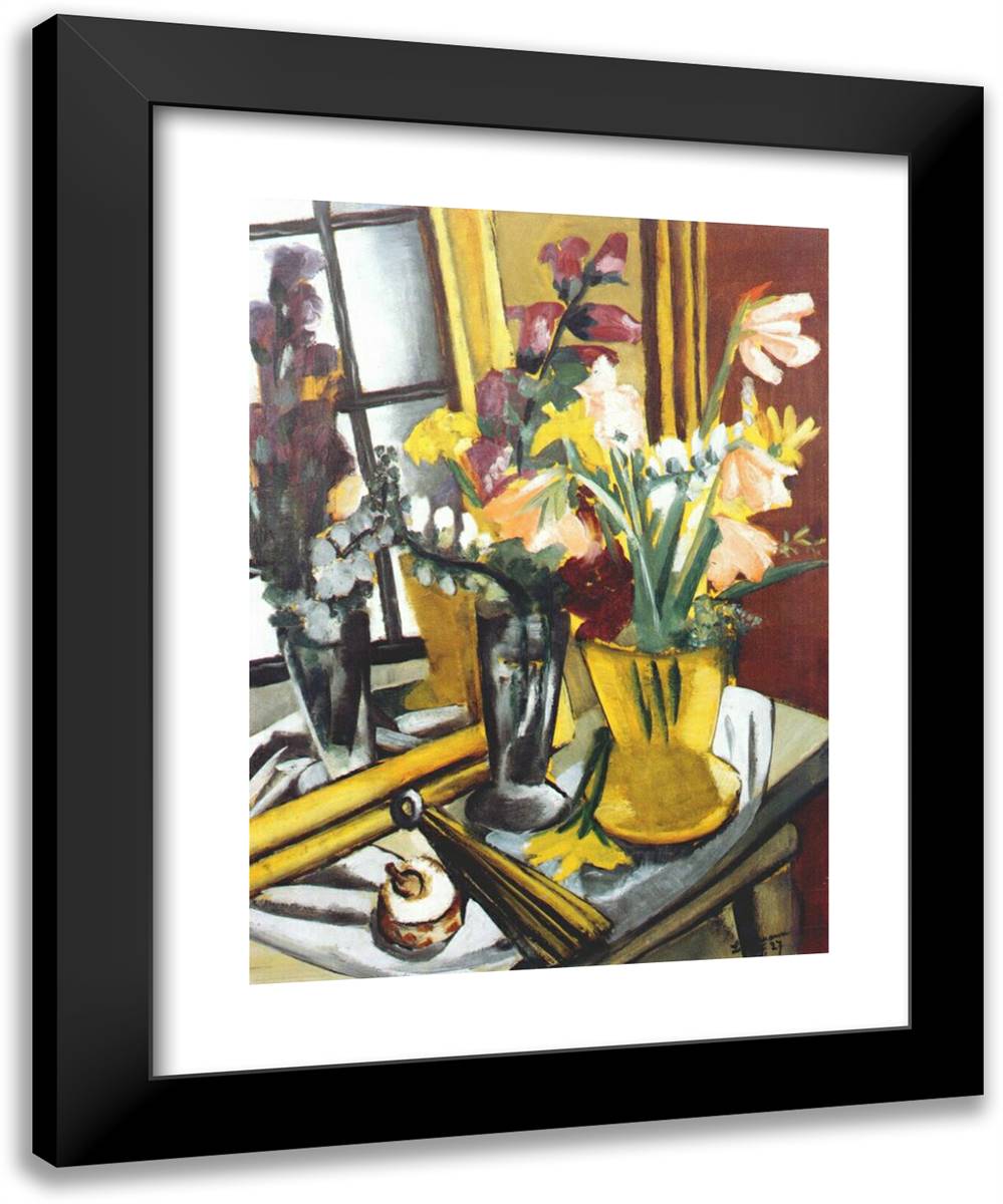Floral Still Life with Mirror 19x24 Black Modern Wood Framed Art Print Poster by Beckmann, Max