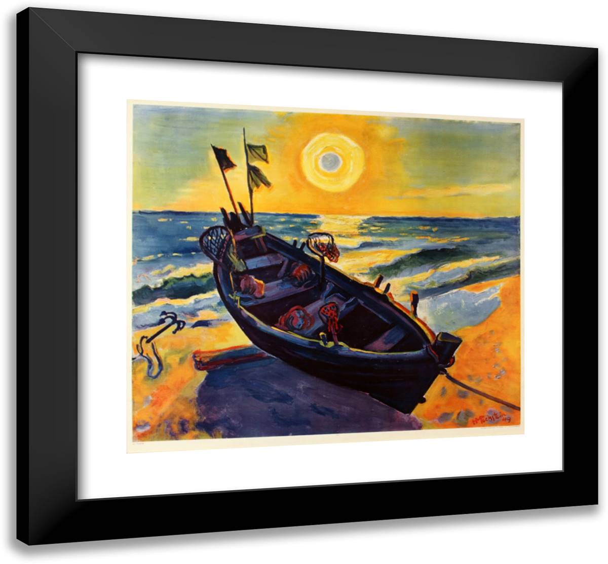 Boat at Sunrise 22x20 Black Modern Wood Framed Art Print Poster by Pechstein, Max