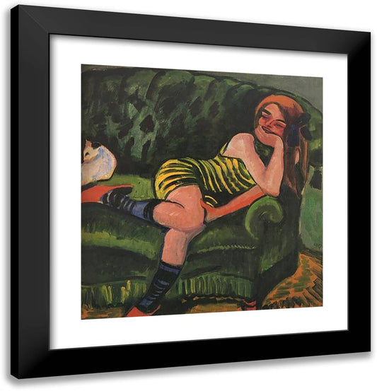 Girl on a Green Sofa with a Cat 20x21 Black Modern Wood Framed Art Print Poster by Pechstein, Max