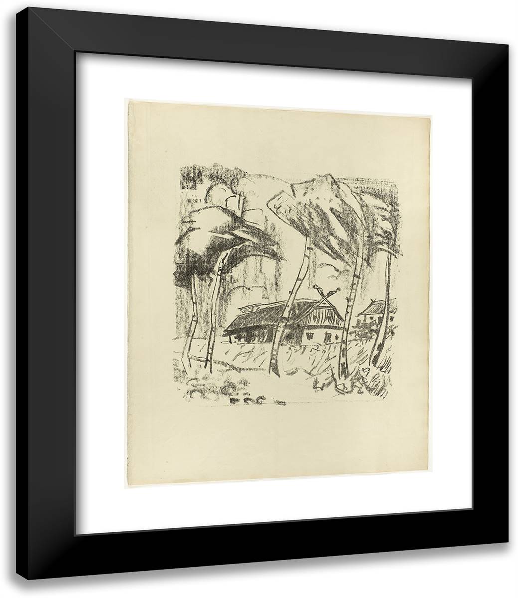 Homestead Behind Birch Trees, from the Samland Ode 20x24 Black Modern Wood Framed Art Print Poster by Pechstein, Max