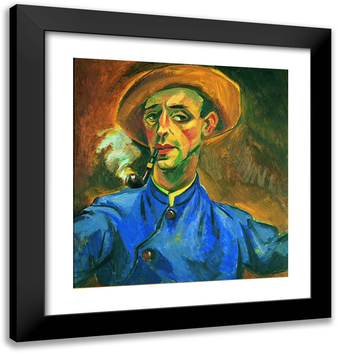 Self-Portrait with Pipe and Hat 20x21 Black Modern Wood Framed Art Print Poster by Pechstein, Max