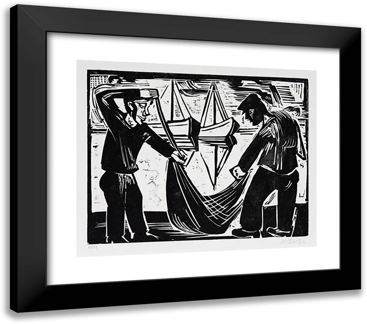 Zwei Fischer Mit Netz 23x20 Black Modern Wood Framed Art Print Poster by Pechstein, Max