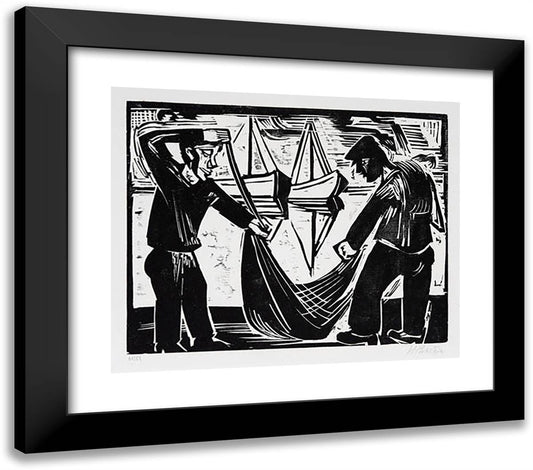 Zwei Fischer Mit Netz 23x20 Black Modern Wood Framed Art Print Poster by Pechstein, Max