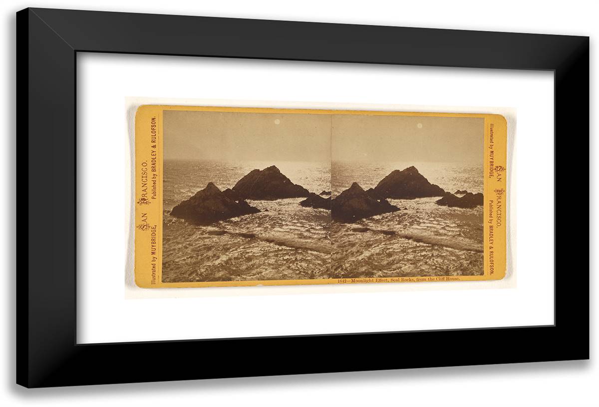 Moonlight Effect, Seal Rocks, from the Cliff House. 24x16 Black Modern Wood Framed Art Print Poster by Muybridge, Eadweard