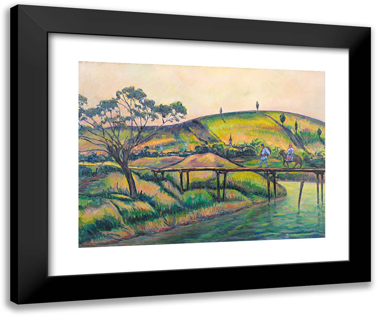 Landscape with Bridge at Vlaici 24x20 Black Modern Wood Framed Art Print Poster by Darascu, Nicolae