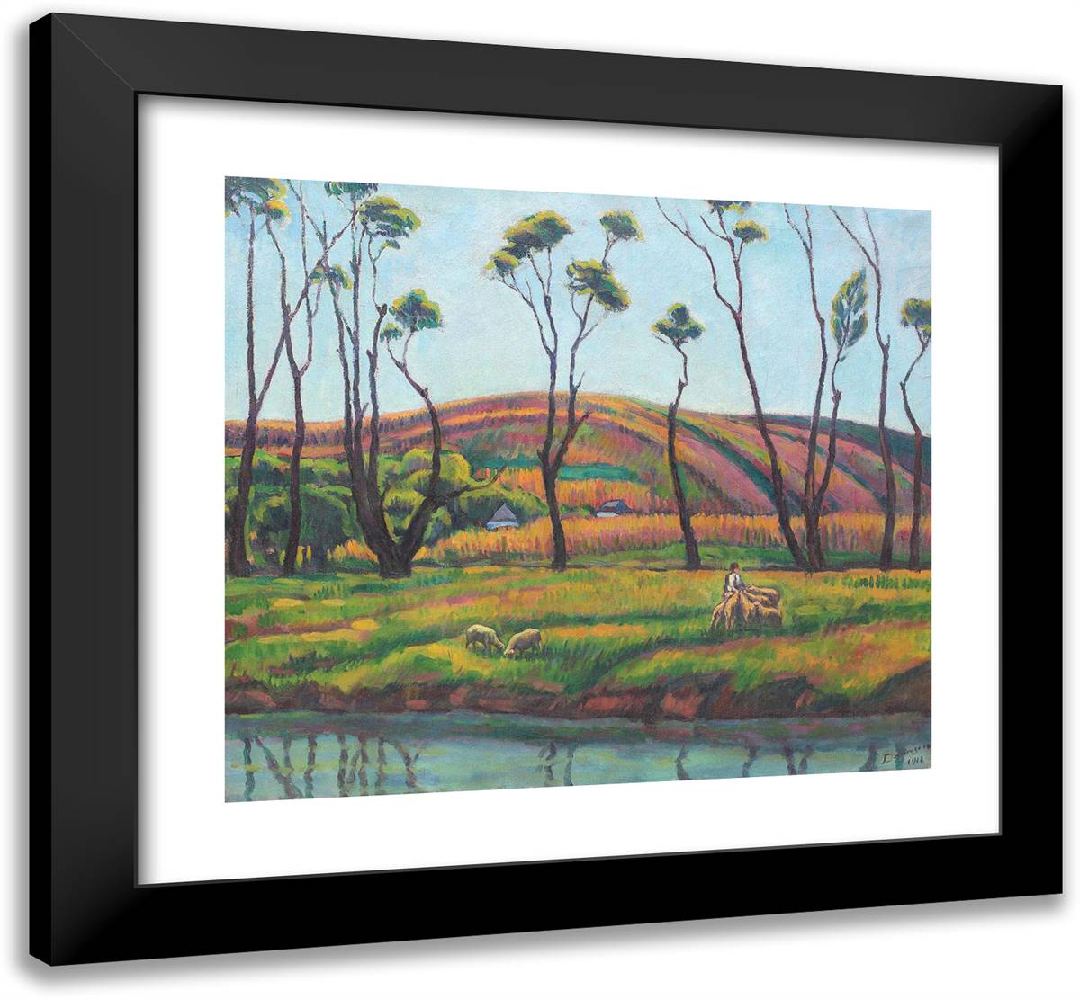 Shepherd and Sheep at Vlaici 22x20 Black Modern Wood Framed Art Print Poster by Darascu, Nicolae
