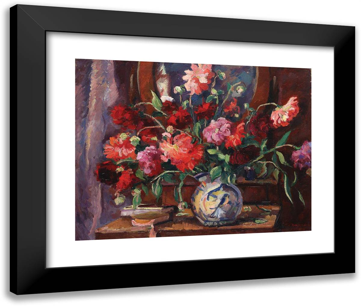 Still Life with Peonies and Books 24x20 Black Modern Wood Framed Art Print Poster by Darascu, Nicolae