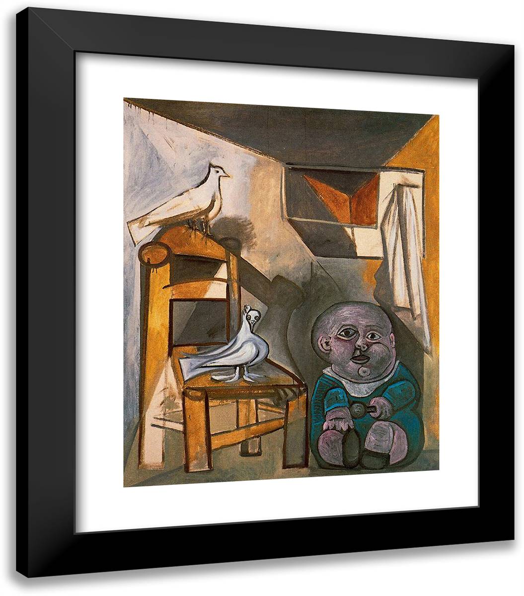 A Child with Pigeons 20x23 Black Modern Wood Framed Art Print Poster by Picasso, Pablo