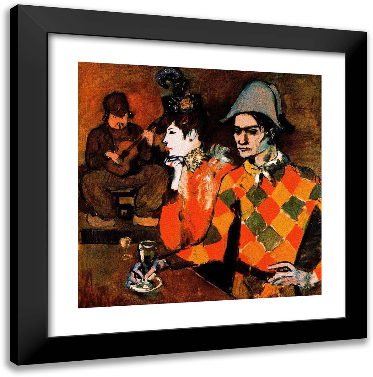 At Lapin Agile (Harlequin with Glass) 20x20 Black Modern Wood Framed Art Print Poster by Picasso, Pablo