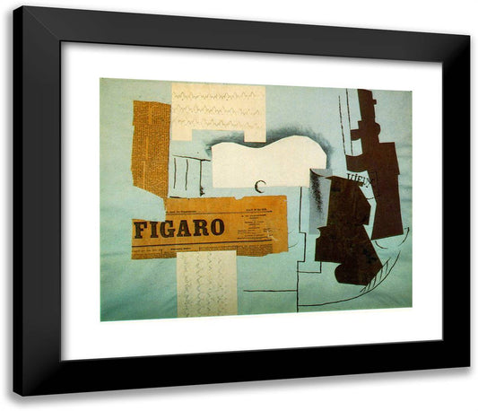 Bottle of VIeux Marc, Glass, Guitar and Newspaper 23x20 Black Modern Wood Framed Art Print Poster by Picasso, Pablo