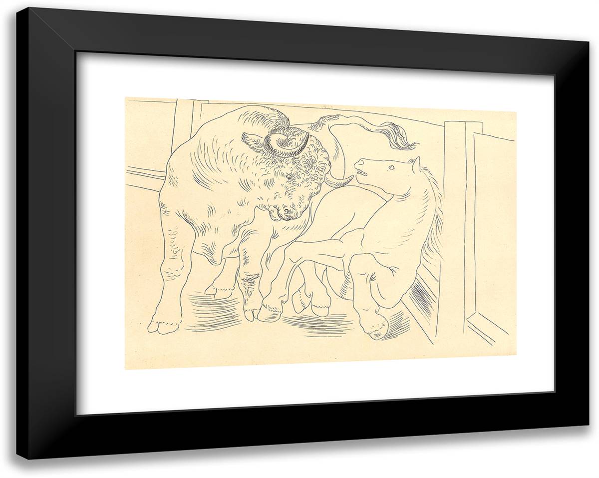 Bull and Horse in the Arena, Plate Three from Le Chef D'Oeuvre Inconnu 24x19 Black Modern Wood Framed Art Print Poster by Picasso, Pablo