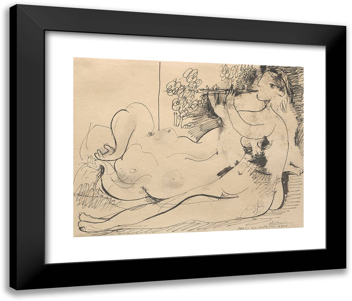 Double Flute Player and Reclining Nude 24x20 Black Modern Wood Framed Art Print Poster by Picasso, Pablo