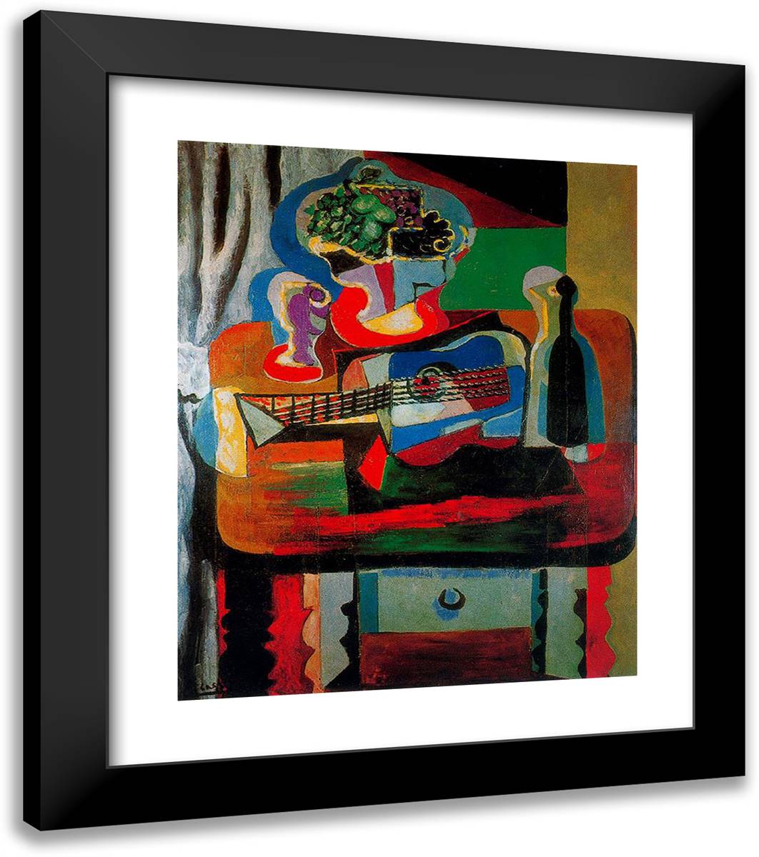 Guitar, Bottle, Fruit Dish and Glass on the Table 20x23 Black Modern Wood Framed Art Print Poster by Picasso, Pablo