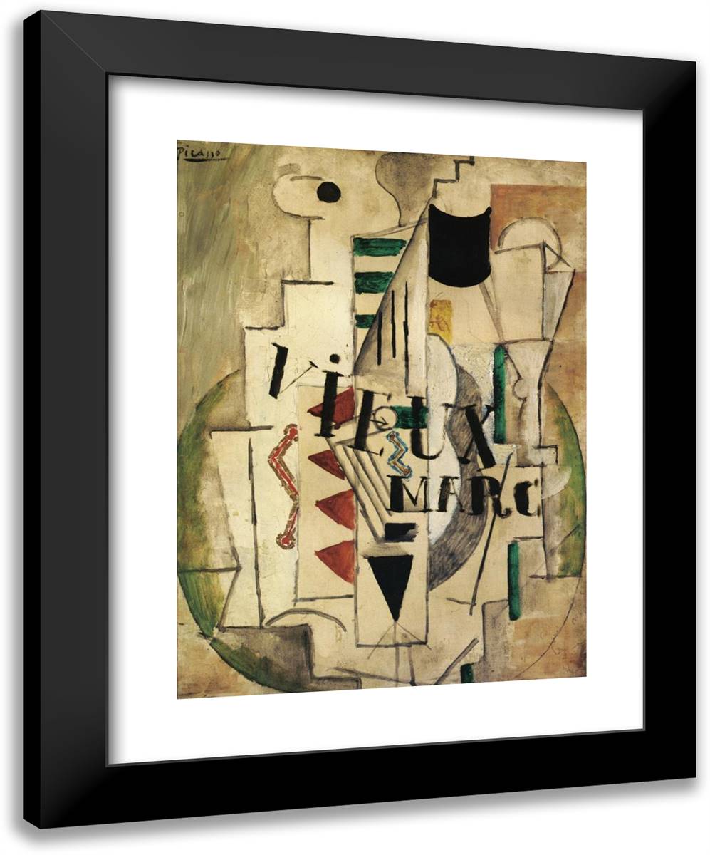 Guitar, Glass and Bottle of VIeux Marc 19x24 Black Modern Wood Framed Art Print Poster by Picasso, Pablo