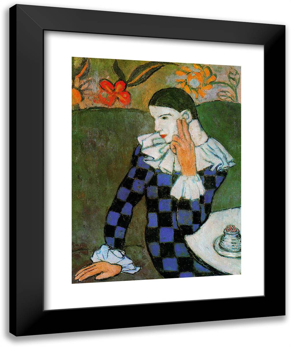 Harlequin Leaning 20x24 Black Modern Wood Framed Art Print Poster by Picasso, Pablo