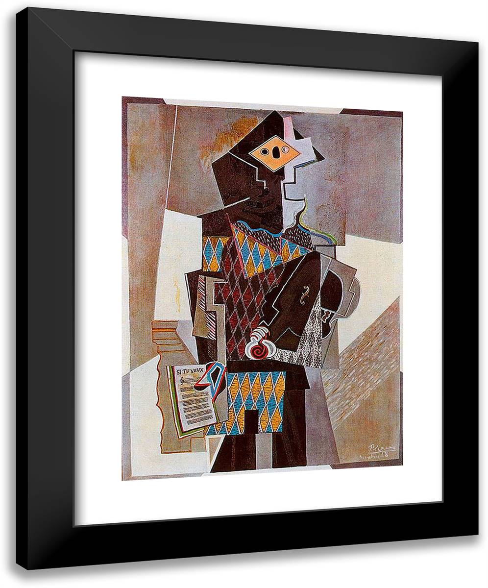 Harlequin with VIolin 19x24 Black Modern Wood Framed Art Print Poster by Picasso, Pablo