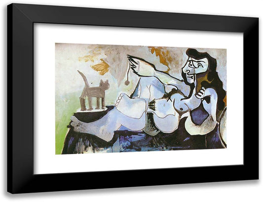 Lying Female Nude Playing with Cat 24x18 Black Modern Wood Framed Art Print Poster by Picasso, Pablo