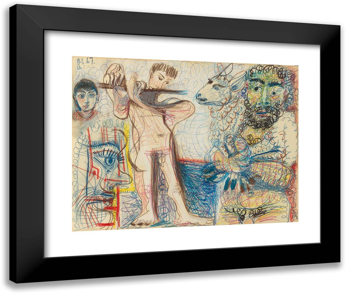 Man Holding a Sheep, Flutist, and Heads 24x20 Black Modern Wood Framed Art Print Poster by Picasso, Pablo