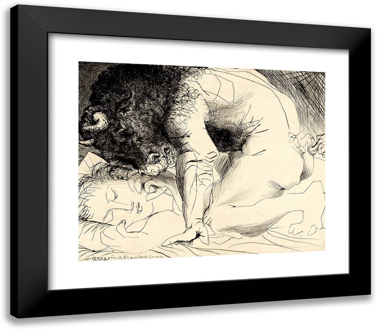 Minotaur Caressing Sleeping Woman, from the Suite Vollard 23x20 Black Modern Wood Framed Art Print Poster by Picasso, Pablo