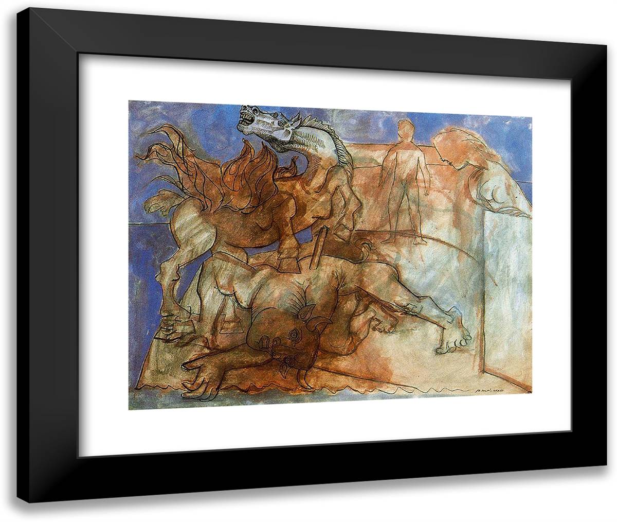 Minotaur Is Wounded, Horse and Personages 24x20 Black Modern Wood Framed Art Print Poster by Picasso, Pablo