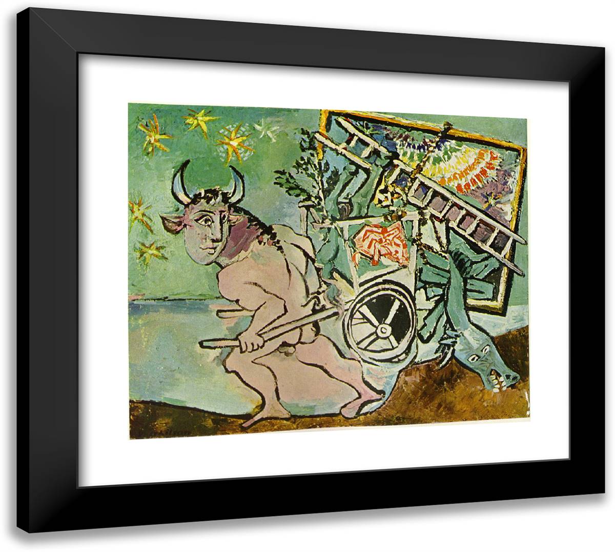 Minotaur Transports a Mare and Foal 22x20 Black Modern Wood Framed Art Print Poster by Picasso, Pablo