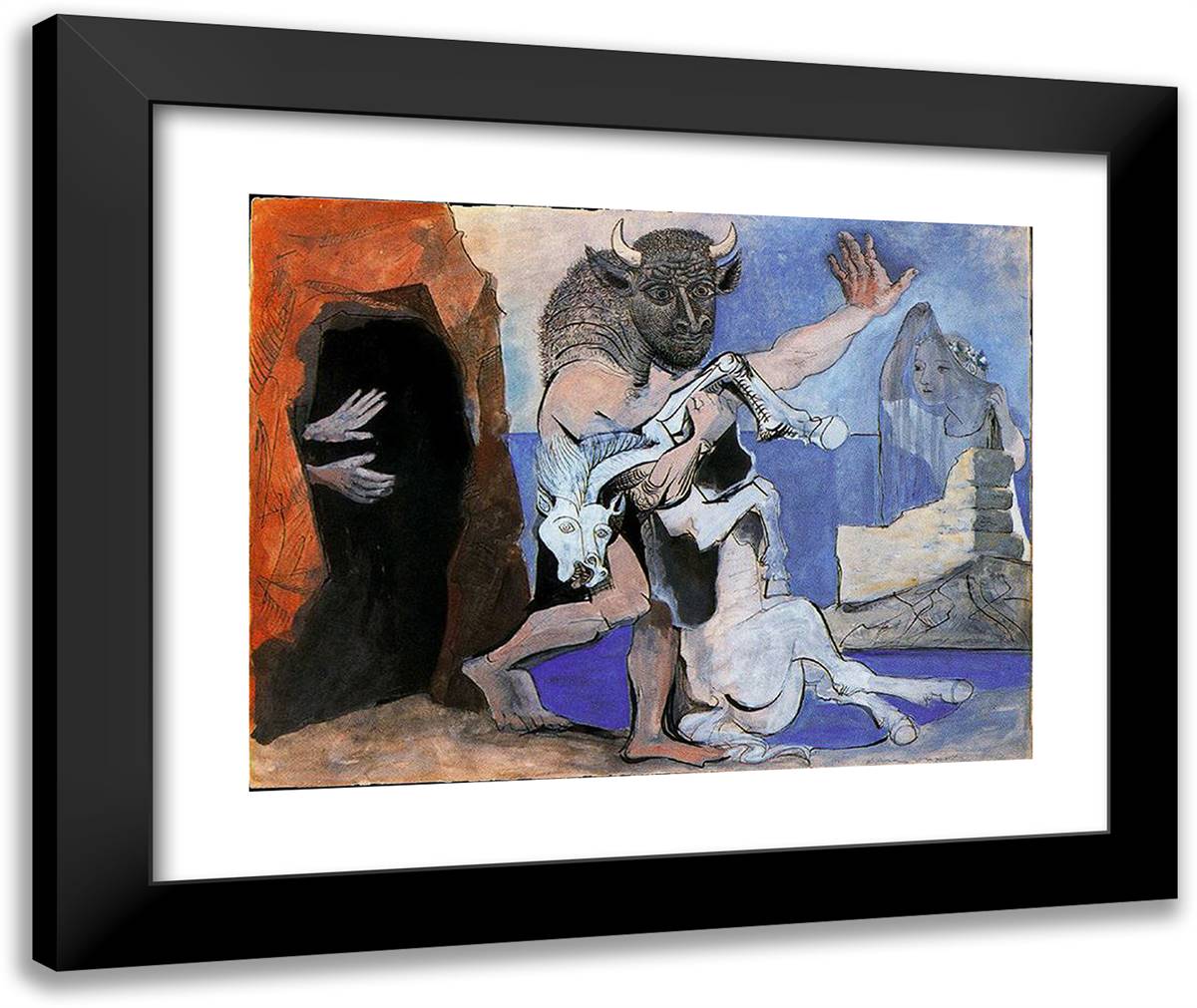 Minotaur with Dead Horse in Front of a Cave Facing a Girl in Veil 24x20 Black Modern Wood Framed Art Print Poster by Picasso, Pablo