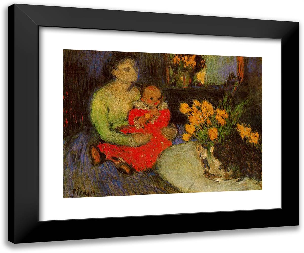 Mother and Child Behind the Bouquet of Flowers 24x20 Black Modern Wood Framed Art Print Poster by Picasso, Pablo