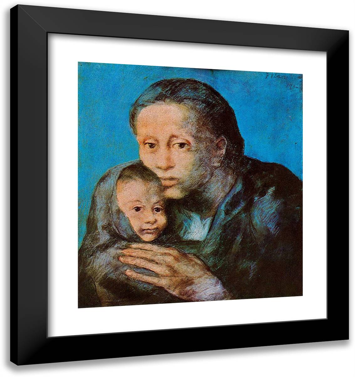 Mother and Son with Handkerchief 20x21 Black Modern Wood Framed Art Print Poster by Picasso, Pablo