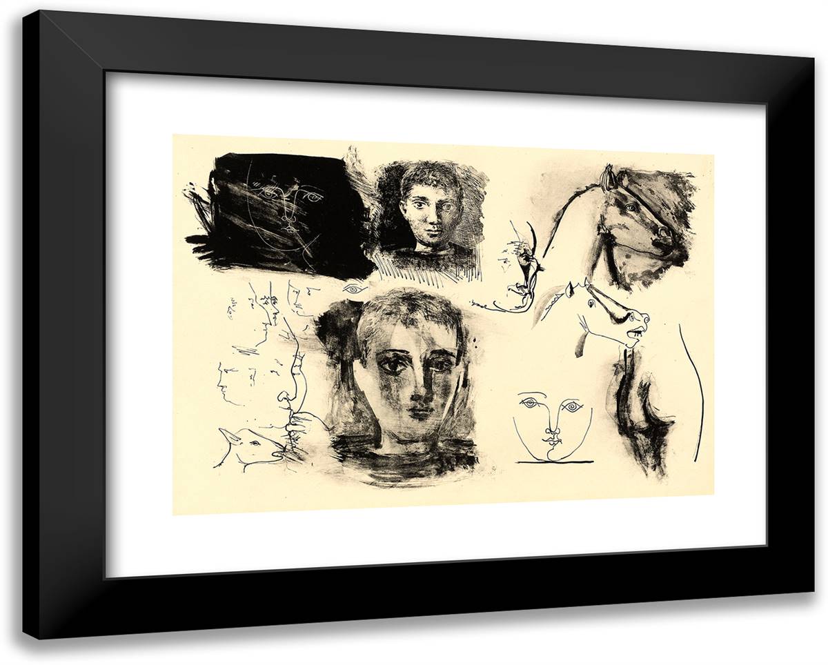 Page of Sketches (Heads of Children and Horses) 24x19 Black Modern Wood Framed Art Print Poster by Picasso, Pablo