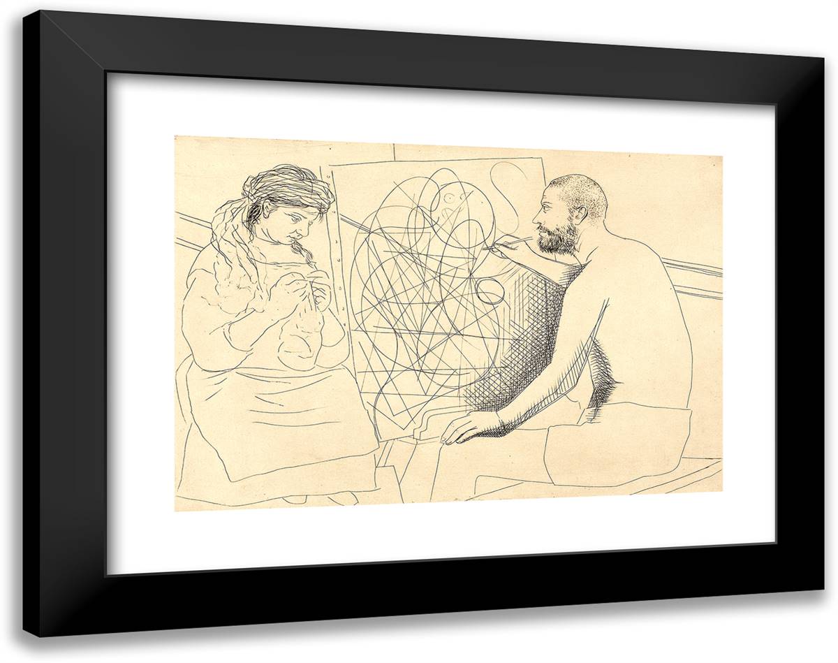 Painter and Model Knitting, Plate Four from Le Chef D'Oeuvre 24x19 Black Modern Wood Framed Art Print Poster by Picasso, Pablo