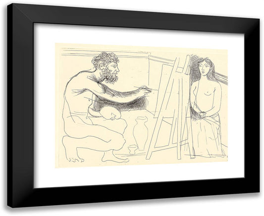 Painter Before His Easel with a Long-Haired Model, Plate Twelve from Le Chef D'Oeuvre Inconnu 24x20 Black Modern Wood Framed Art Print Poster by Picasso, Pablo