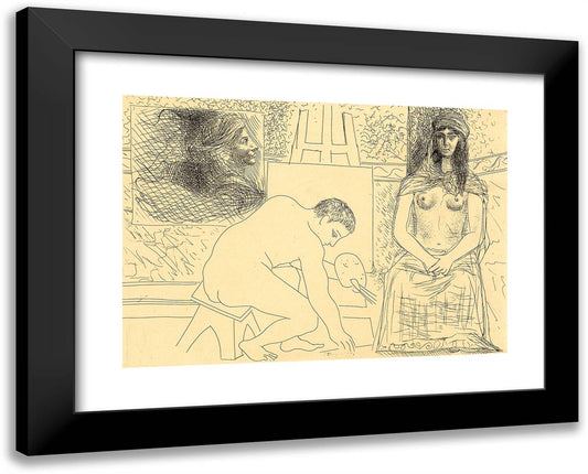 Painter Picking up His Brush, with a Model in a Turban, Plate Seven from Le Chef D'Oeuvre Inconnu 24x19 Black Modern Wood Framed Art Print Poster by Picasso, Pablo