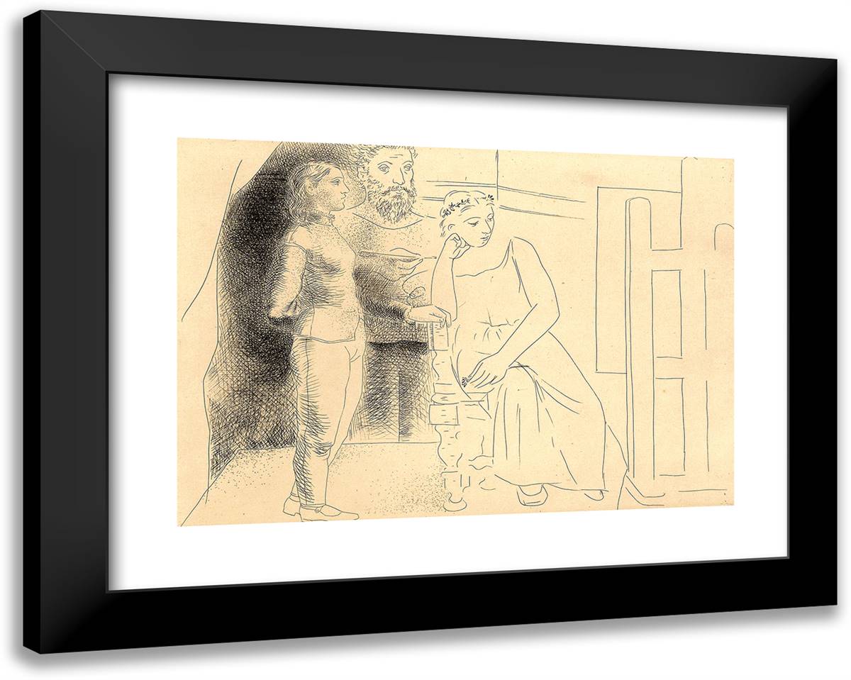 Painter with Two Models Looking at a Canvas, Plate Two from Le Chef D'Oeuvre Inconnu 24x19 Black Modern Wood Framed Art Print Poster by Picasso, Pablo