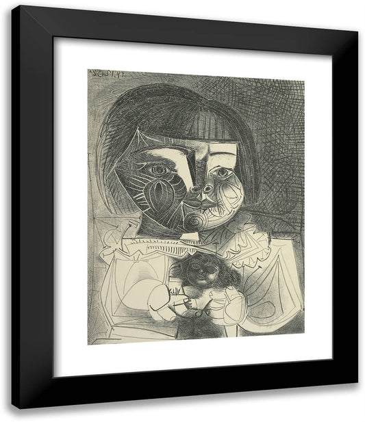 Paloma and Her Doll on a Black Background 20x24 Black Modern Wood Framed Art Print Poster by Picasso, Pablo