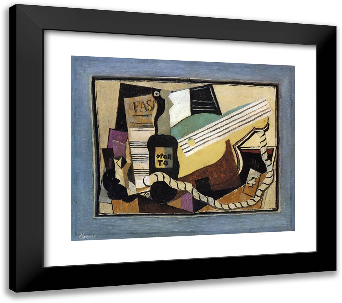 Partition, Bottle of Port, Guitar, Playing Cards 23x20 Black Modern Wood Framed Art Print Poster by Picasso, Pablo