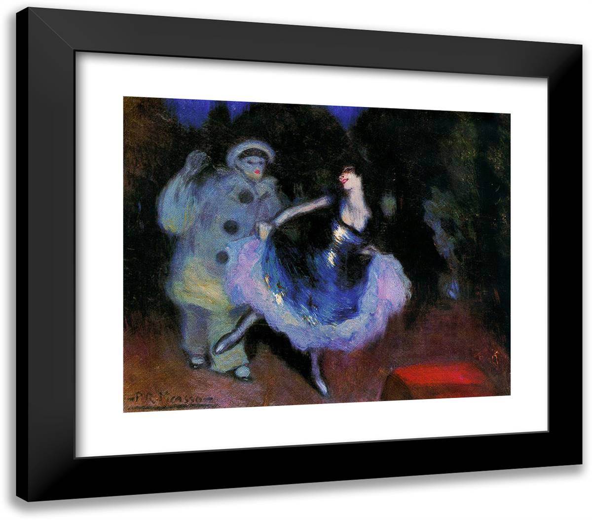 Pierrot and Colombina 23x20 Black Modern Wood Framed Art Print Poster by Picasso, Pablo