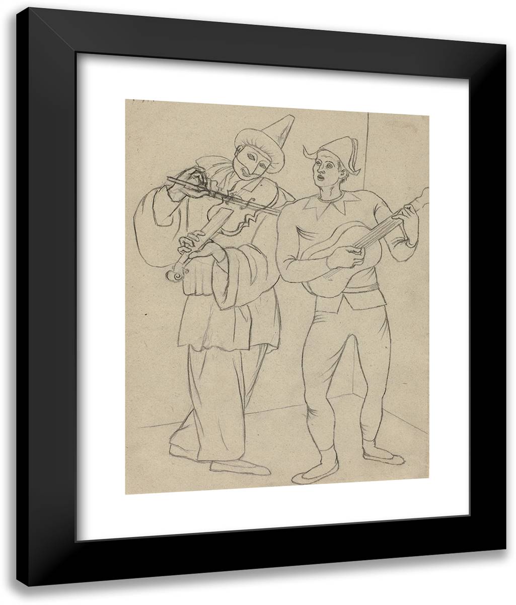 Pierrot and Harlequin 20x24 Black Modern Wood Framed Art Print Poster by Picasso, Pablo