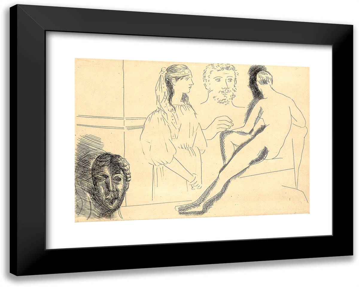 Sculptor Before His Sculpture, with a Young Girl in a Turban and Sculpted Head, Plate One from Le Chef D'Oeuvre Inconnu 24x19 Black Modern Wood Framed Art Print Poster by Picasso, Pablo