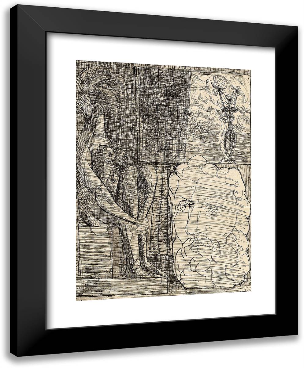 Sculptures Representing Marie-Tharese and the Head of a Sculptor, with a Vase of Three Flowers, from the Suite Vollard 19x24 Black Modern Wood Framed Art Print Poster by Picasso, Pablo