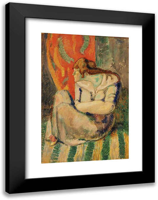 Seated Woman on a Striped Floor 18x24 Black Modern Wood Framed Art Print Poster by Picasso, Pablo