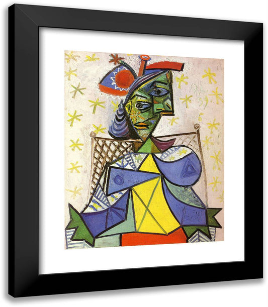 Seated Woman with Blue and Red Hat 20x23 Black Modern Wood Framed Art Print Poster by Picasso, Pablo