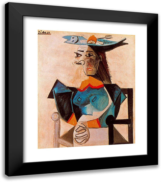 Seated Woman with Fish 20x23 Black Modern Wood Framed Art Print Poster by Picasso, Pablo